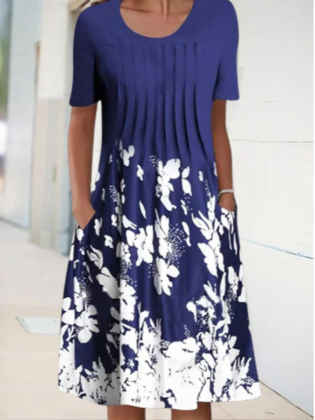 Round Neck Floral Vacation Midi Dress