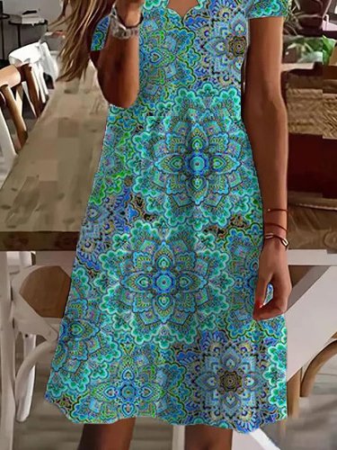 Women's A Line Dress Midi Dress Blue Half Sleeve paisley Print Spring Summer V Neck Casual Modern