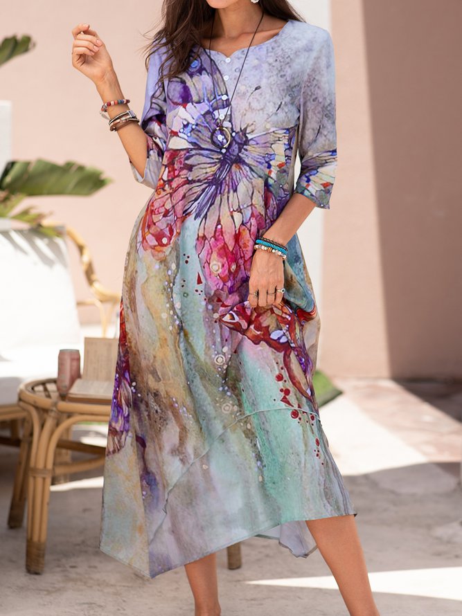 Round Neck Floral Vacation Midi Dress
