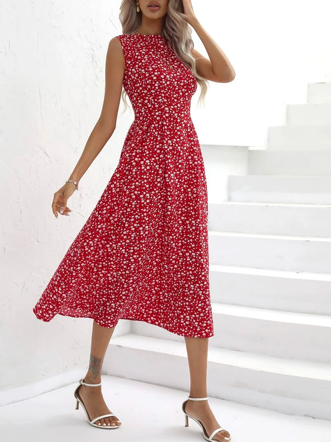 Crew Neck Loose Floral Elegant Ditsy Floral Print Sleeveless Dress