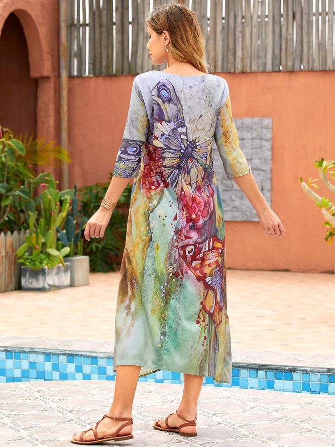 Cotton-Blend 3/4 Sleeve Casual Floral Dress