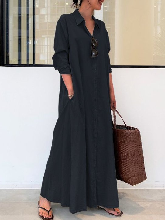 Casual and simple plain long-sleeved shirt collar cotton and linen maxi dress