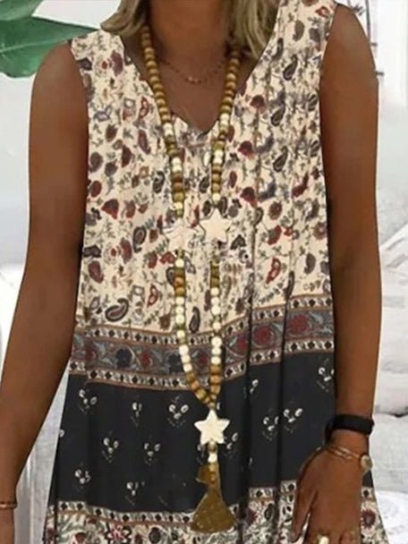 Women's A Line Dress V Neck Tribal Sleeveless Midi Dress