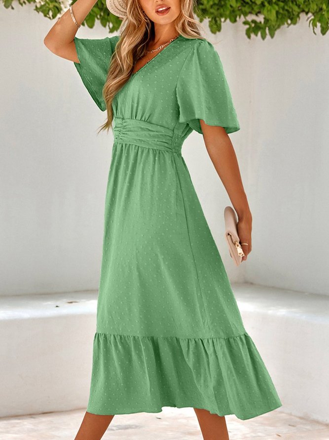 Light Green Swiss Dot Bell-Sleeve V-Neck Loose Vacation V Neck Dress