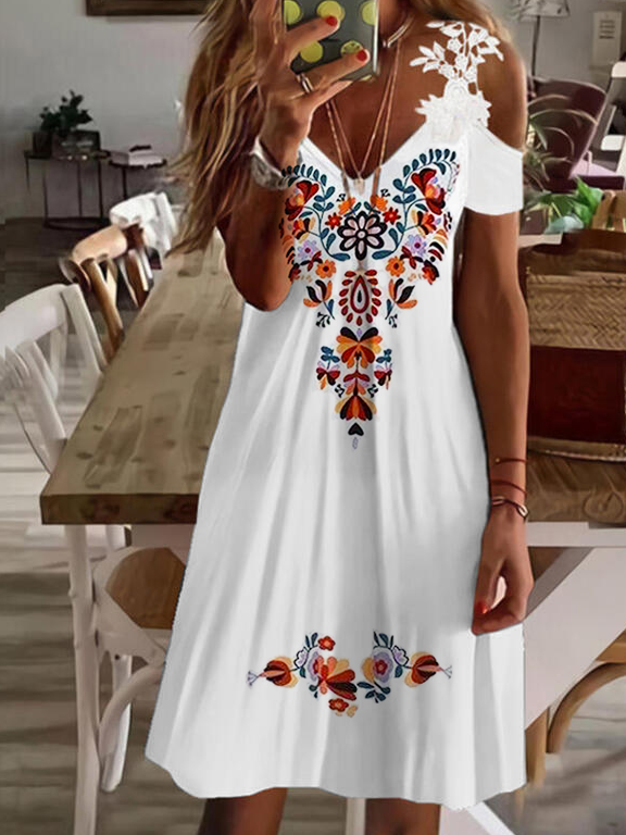 Cold Shoulders Floral Tribal Mexican Prom Dress