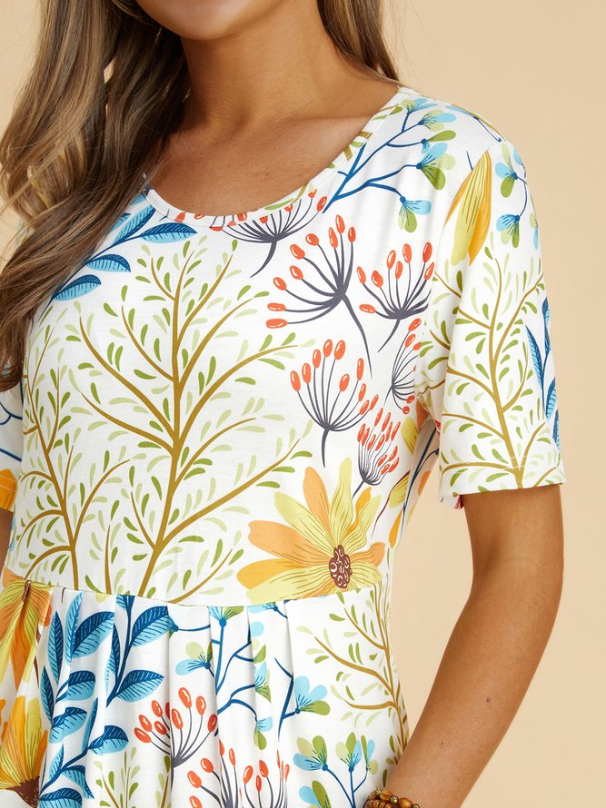 Vacation Floral Regular Fit Cotton Blends Short Sleeve Knit Dress