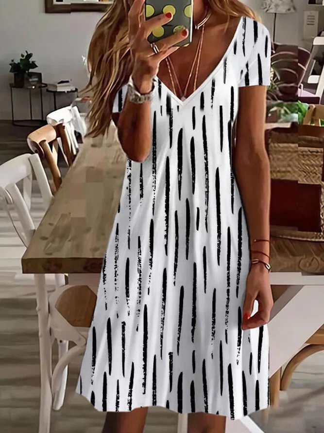 V Neck Striped Casual Midi Dress