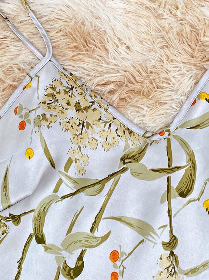 Elegant Ruffled Silk Floral-Print Camisole Pajama Set