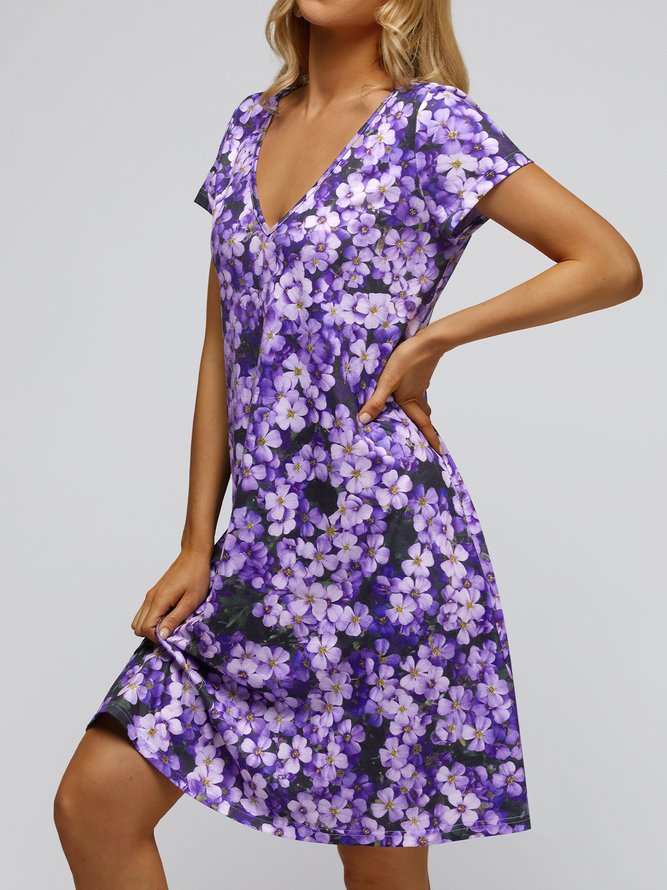 Ditsy Floral Jersey V Neck Casual Dress