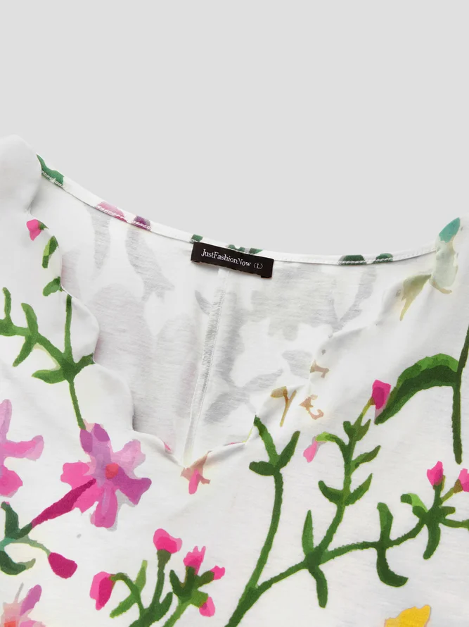 Scallop Neck Floral Vacation Mini Dresses