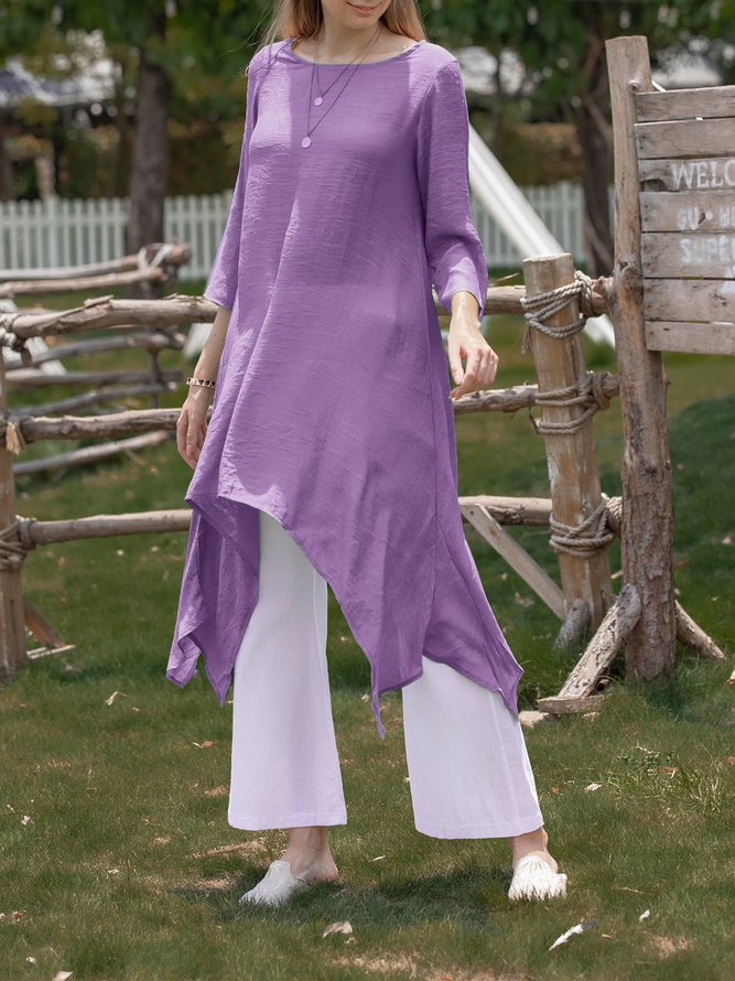 Women Summer Linen 3/4 Sleeve Daytime Crew Neck Asymmetric Dress