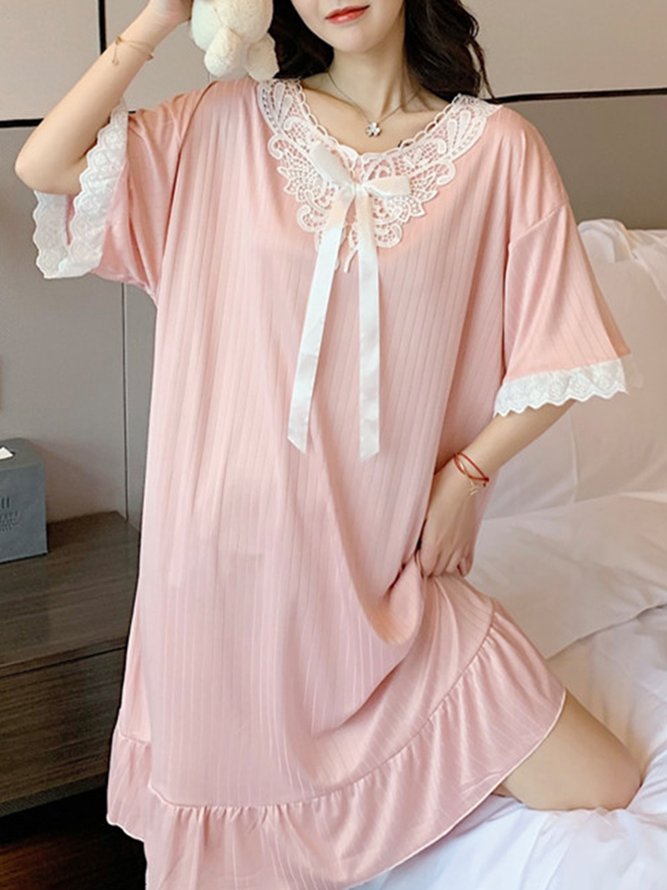 Regular Sleeve Casual Lace V Neck Loose Lounge Dress