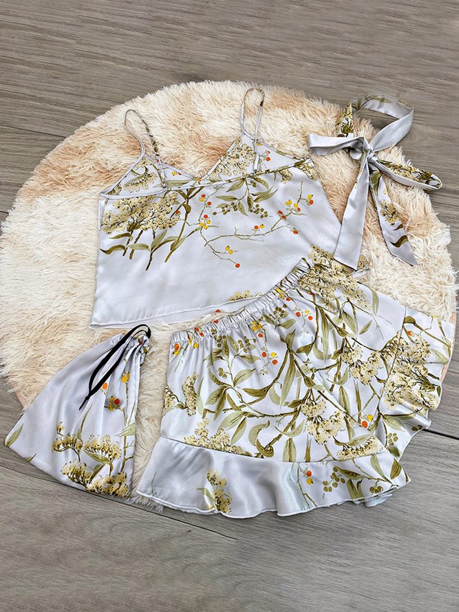 Elegant Ruffled Silk Floral-Print Camisole Pajama Set