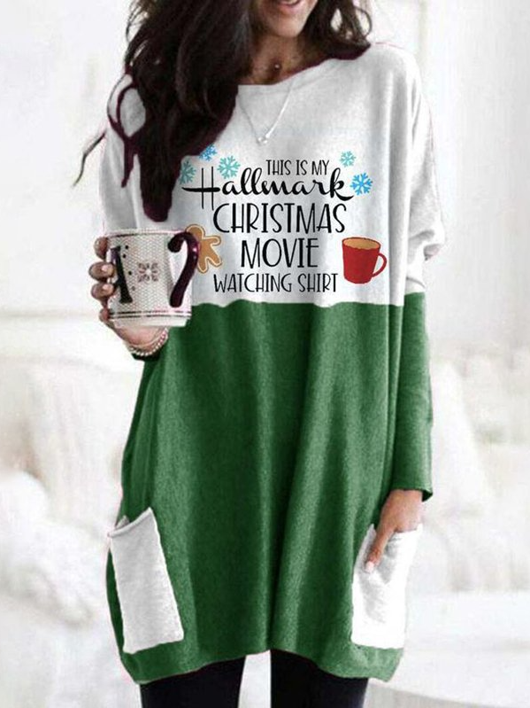 Women's Green Long Sleeve Dress Christmas Print With Pocket
