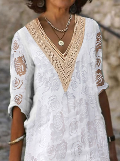 Simple Loose Plain V Neck Dress