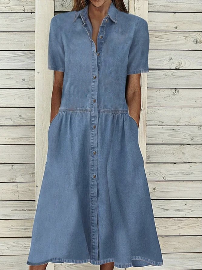 Solid Casual Denim Lapel Short Sleeve Woven Dress