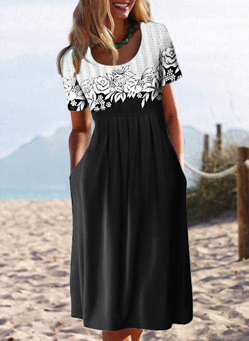 Round Neck Floral Casual Midi Prom Dress