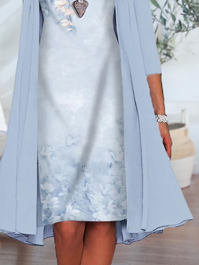 2PCS Round Neck Floral Casual Dress & Cardigan