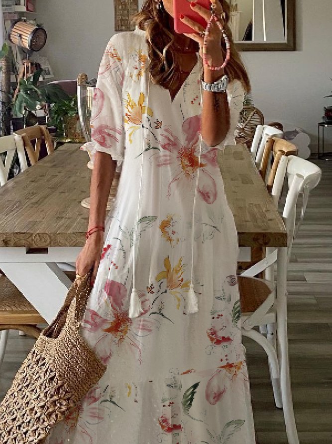Women's Shift Dress Maxi Dress half Sleeve Floral Print Summer Fall V Neck Casual Dress