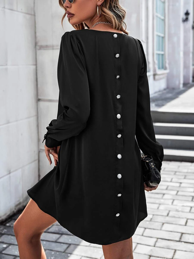 Buttoned Urban Plain Crew Neck Dress