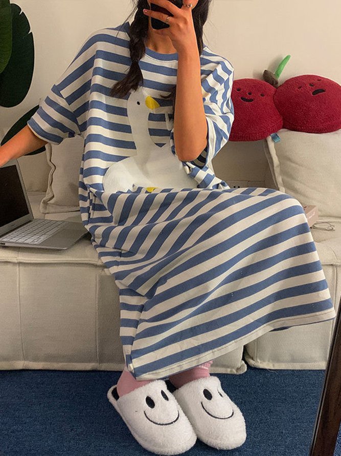 Breathable Comfortable Blue&White Striped Animal Pattern Loose Nightdress