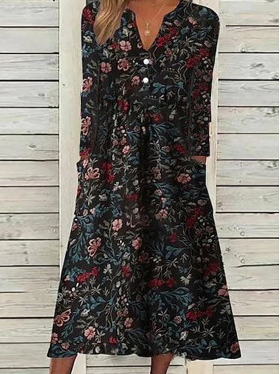Floral Casual V Neck Loose Dress