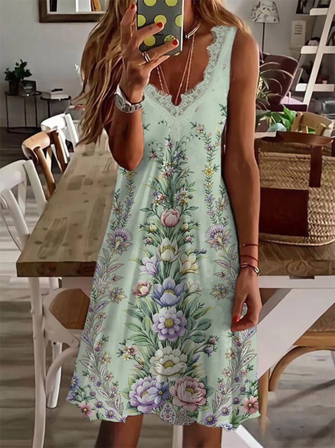 V Neck Floral Vacation Midi Prom Dress