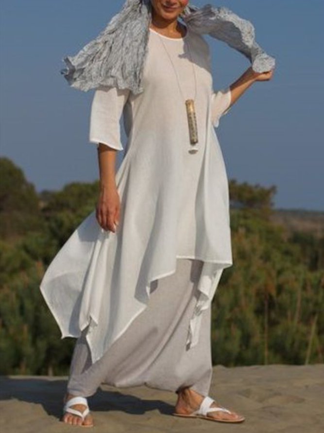 Women Summer Linen 3/4 Sleeve Daytime Crew Neck Asymmetric Dress