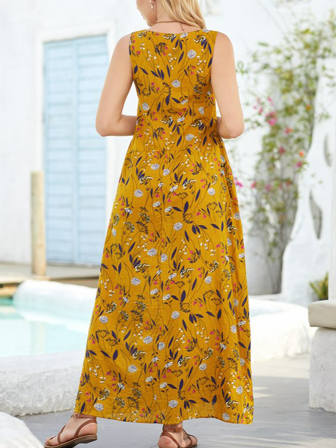Sleeveless Floral Printed Casual Maxi Weaving Dress