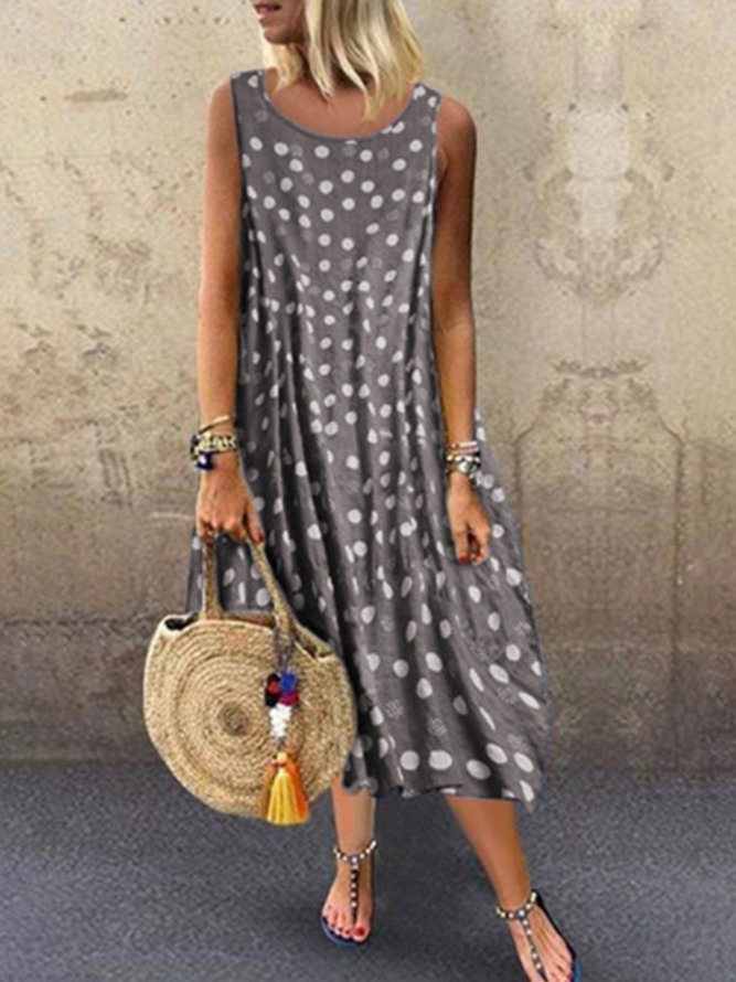Round Neck Women Summer Weaving Dress Printed Polka Dots Midi Weaving Dress