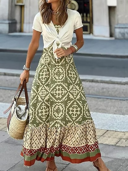 Loose Ethnic V Neck Casual Dress With No Belt