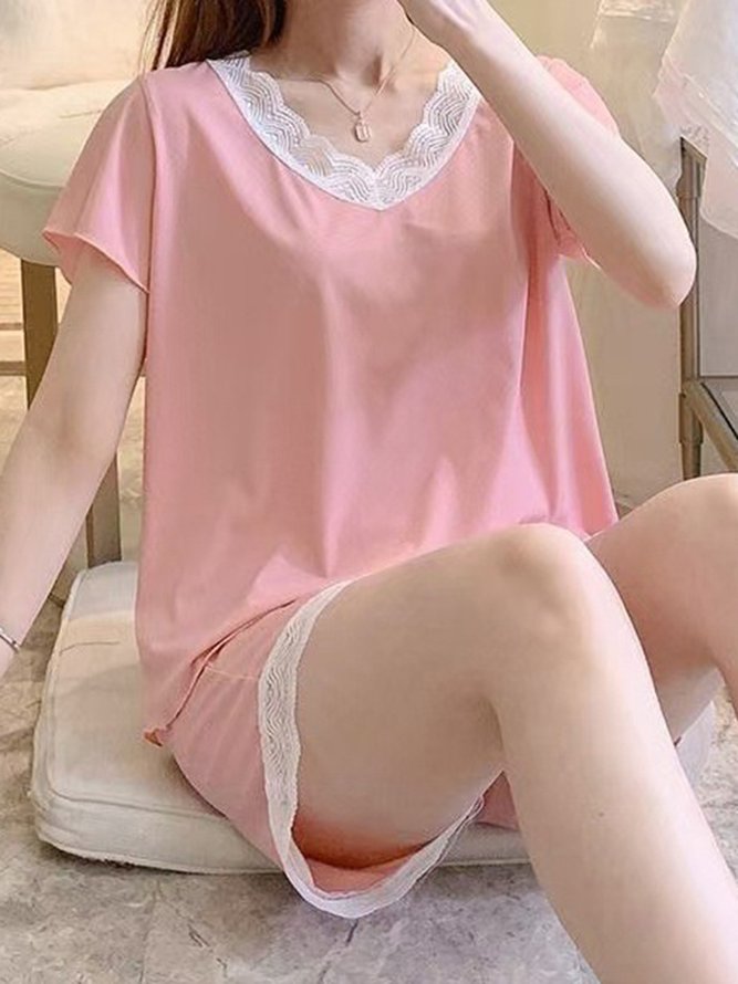 Lace Panel Loose Short Sleeve Shorts Pajama Set