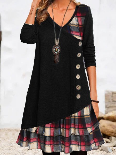V Neck Geometric Casual Daily Long sleeve A-Line Buttoned Midi Dress