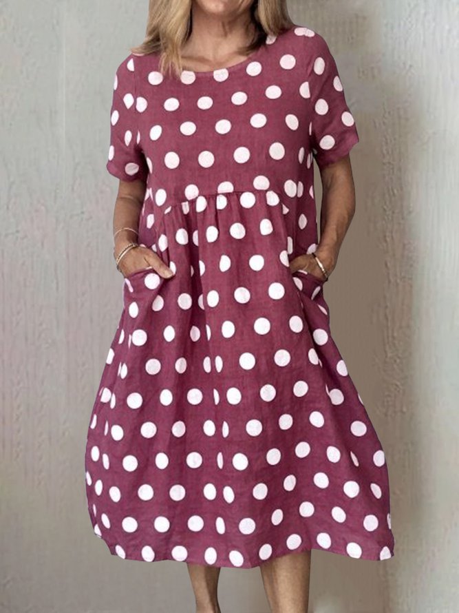 Women Polka Dots Pockets Casual Summer Weaving Smock Dress