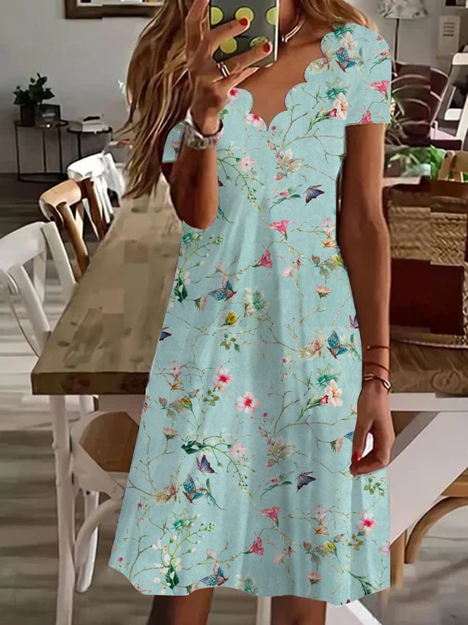 V Neck Casual Loose Floral Dress With No