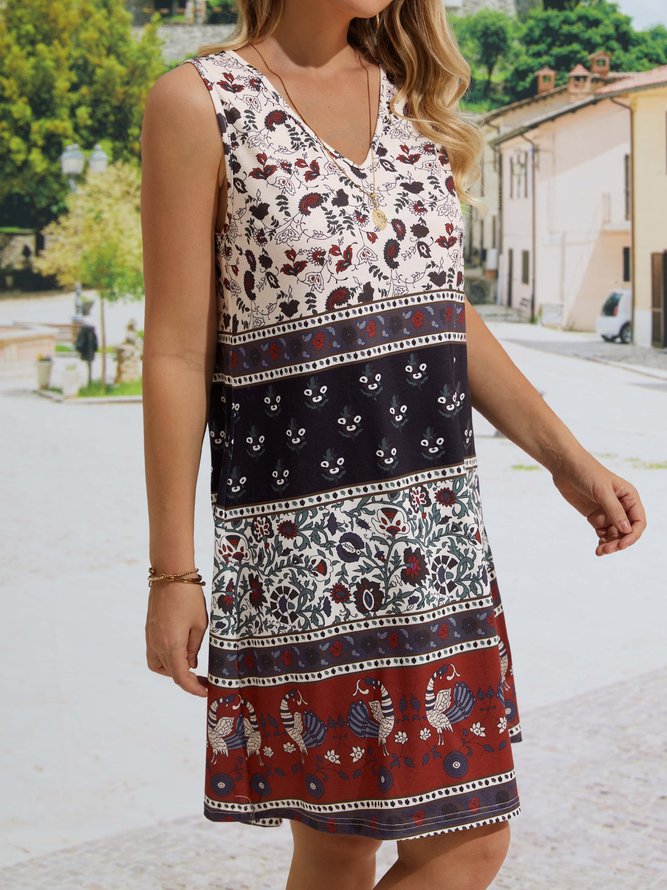 Women's A Line Dress V Neck Tribal Sleeveless Midi Dress