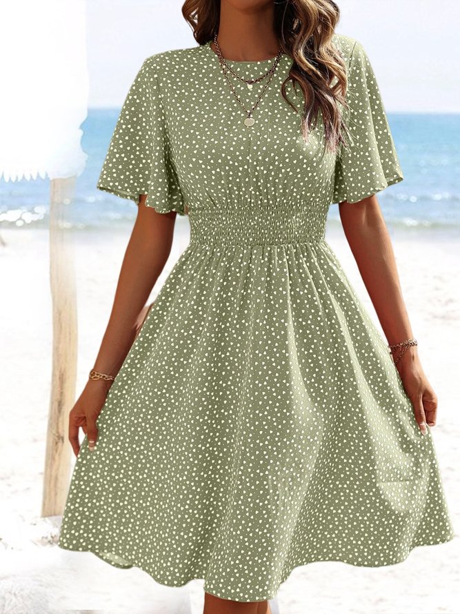 Ditsy Floral Crew Neck Vacation Loose Chiffon Allover Heart Print Butterfly Sleeve Dress