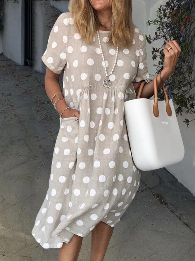 Women Polka Dots Pockets Casual Summer Weaving Smock Dress