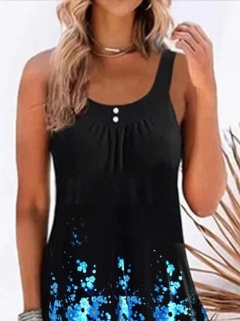 Floral Casual Loosen Crew Neck Sleeveless Knitting Dress