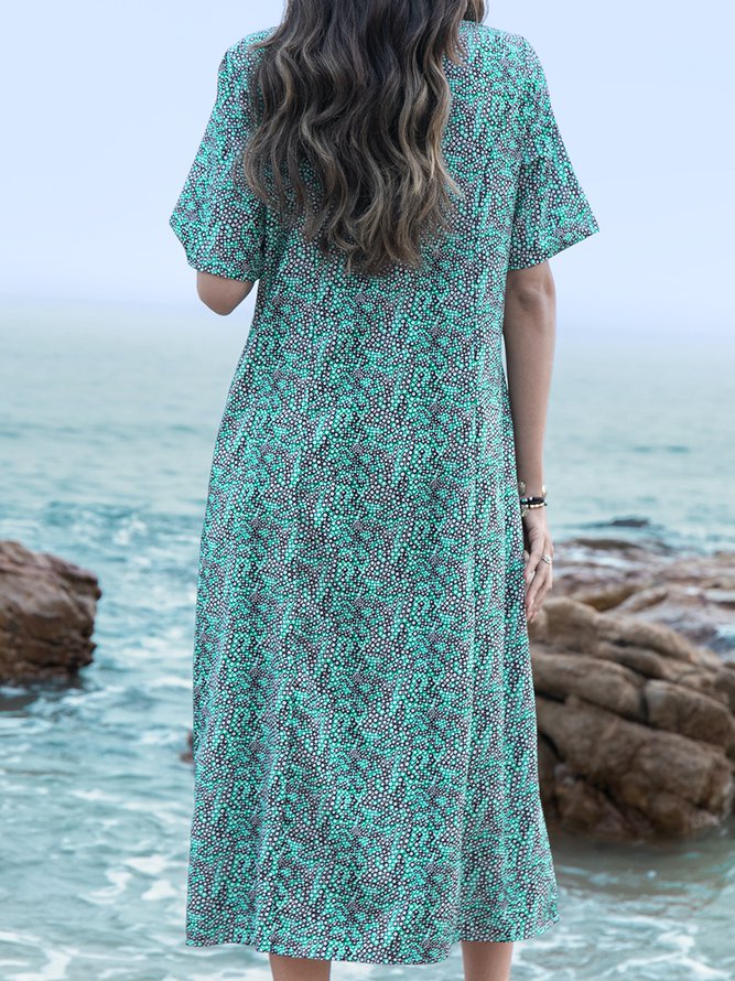 Women Fashion Summer Printed Midi Dress Crew Neck Dresses