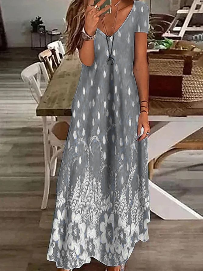 V Neck Floral Short Sleeve Casual Vacation Maxi Dress
