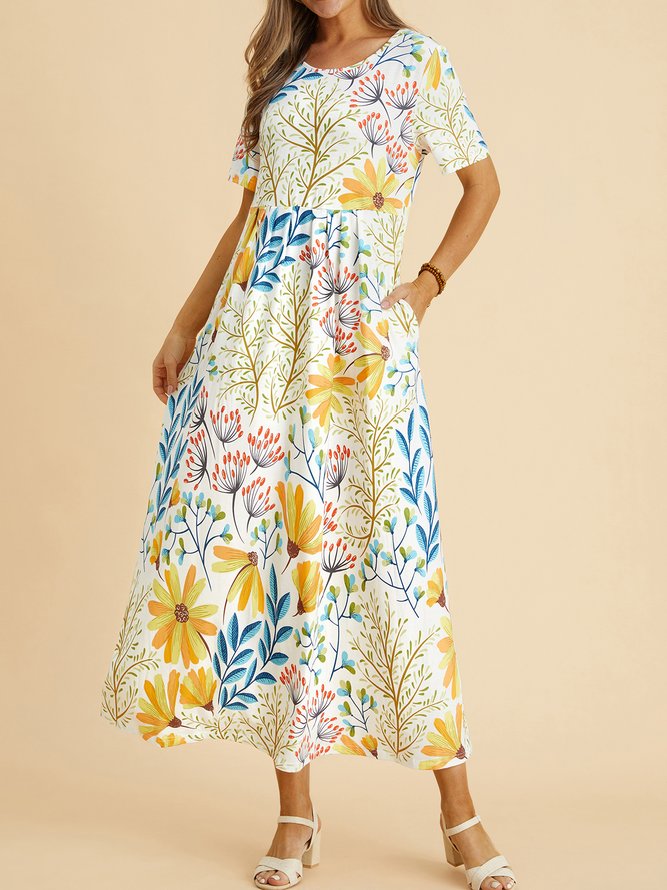 Vacation Floral Regular Fit Cotton Blends Short Sleeve Knit Dress