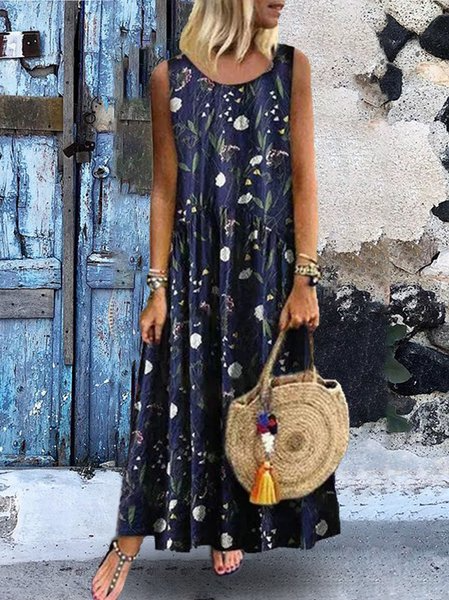 Sleeveless Floral Printed Casual Maxi Weaving Dress