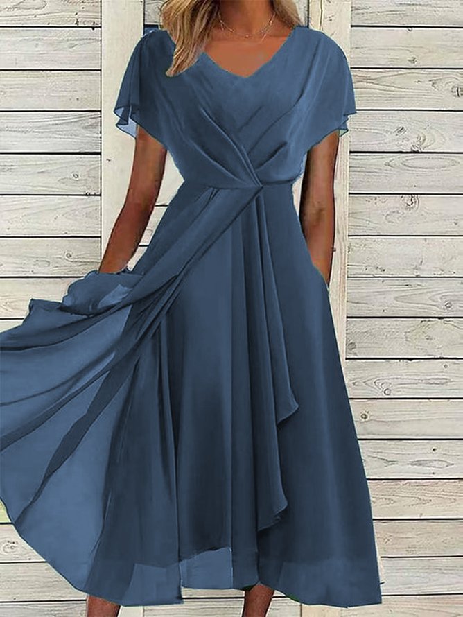 V Neck Elegant Chiffon Plain Dress
