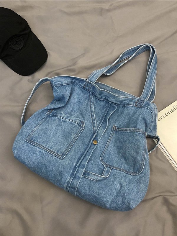 Casual Plain Denim Distressed Multi-Pocket Tote Shoulder Bag Everyday Urban