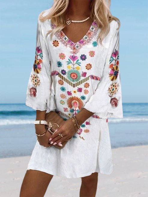 V Neck Tribal Beach Vacation Casual Mini Dress