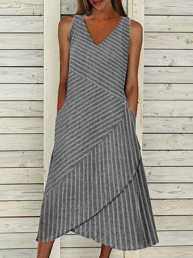 V Neck Casual Striped Loose Dress