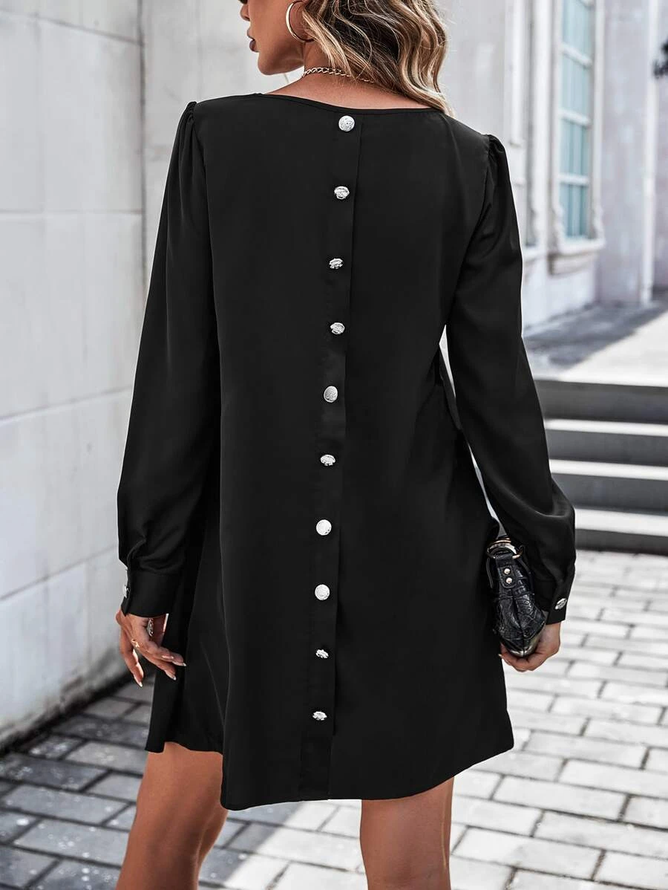 Buttoned Urban Plain Crew Neck Dress