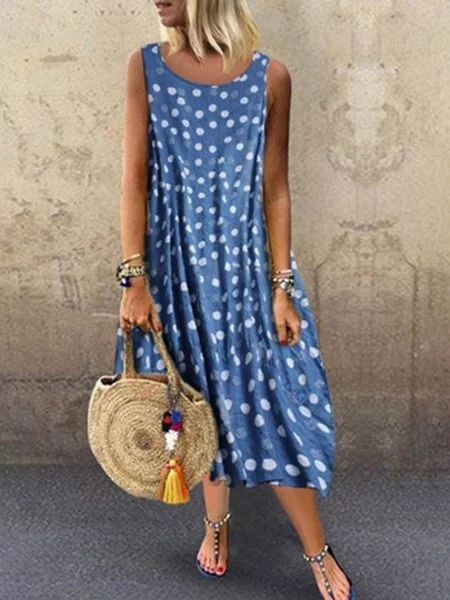 Round Neck Women Summer Weaving Dress Printed Polka Dots Midi Weaving Dress