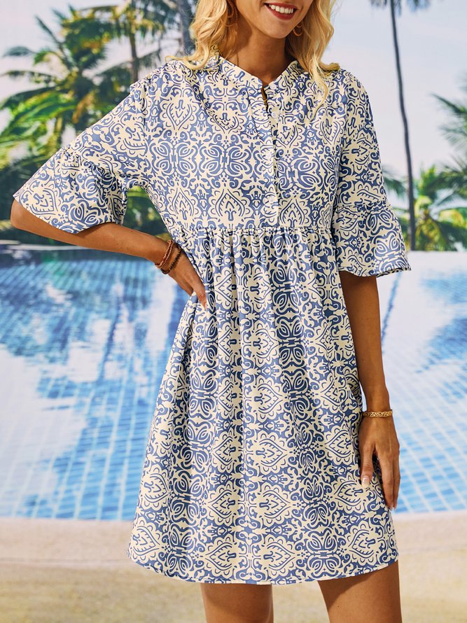 Floral Loose Casual Stand Collar Dress